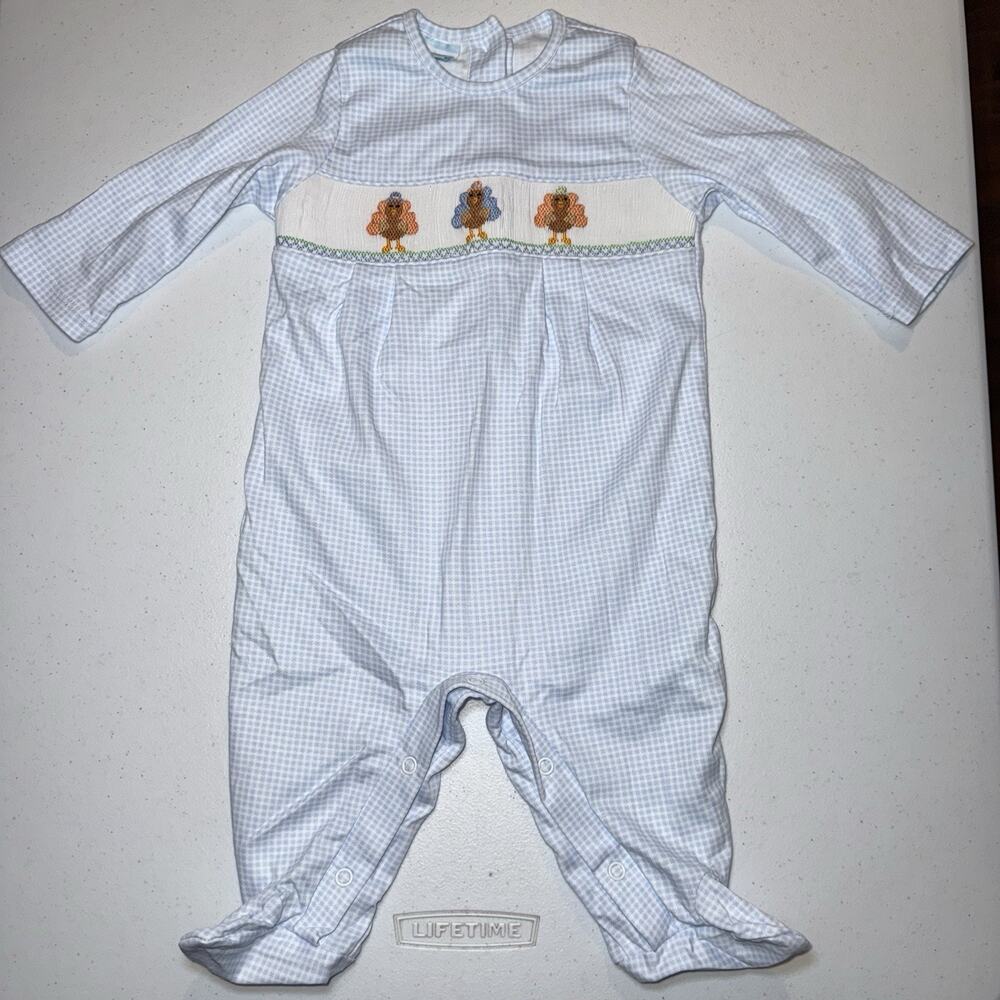 Petit Bebe Baby Boy Smocked Gingham Thanksgiving Outfit Turkey Blue Size 6M